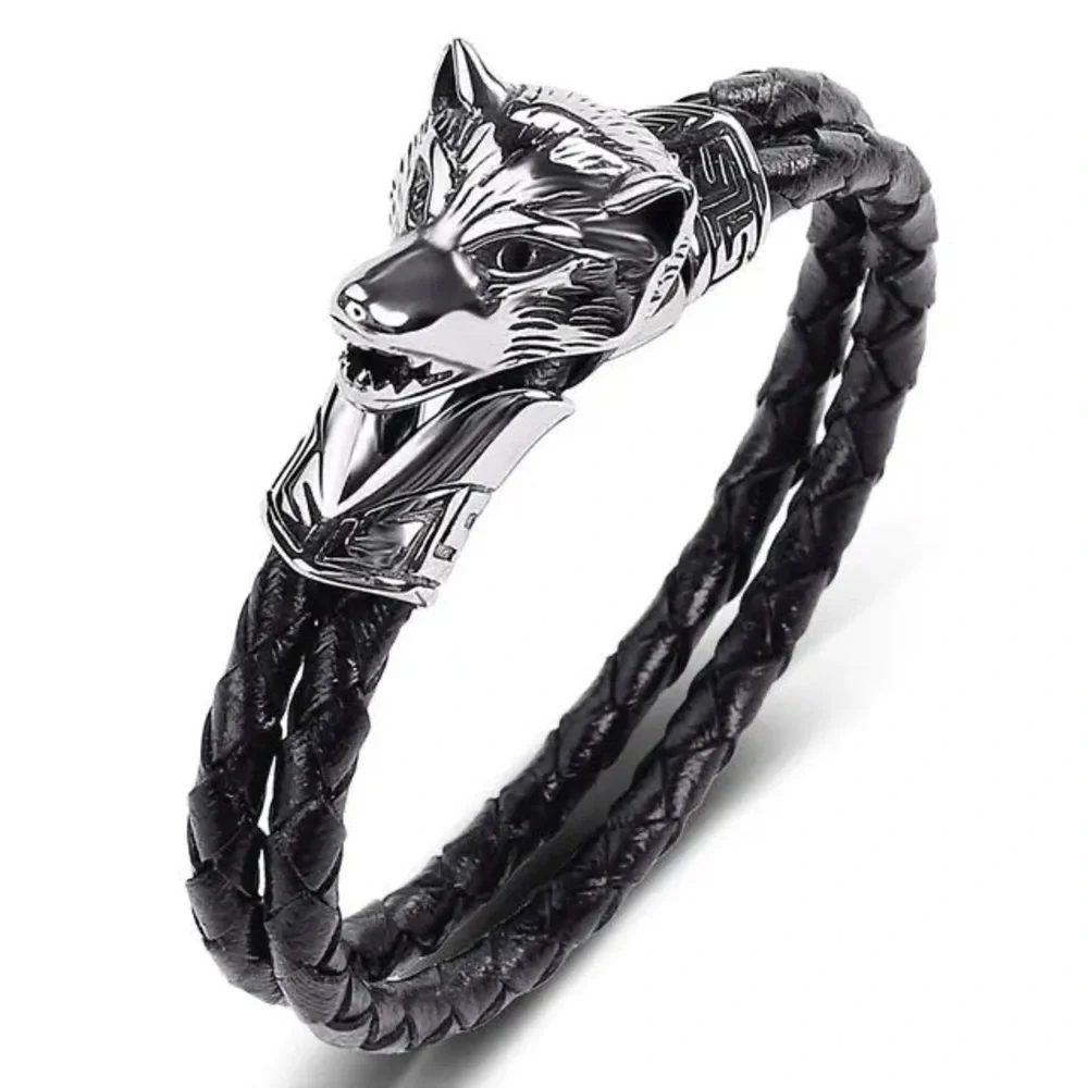 Viking Heritage Wolf Fenrir Braided Leather Stainless Steel Bracelet